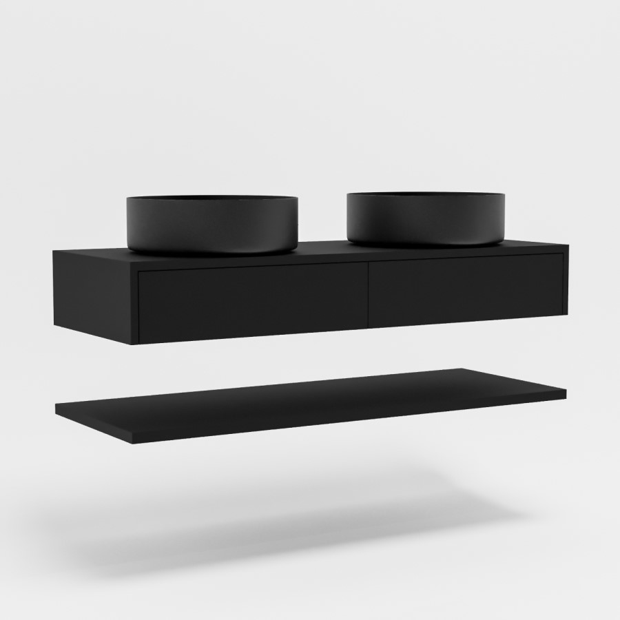 1200mm Black Wall Hung Double Countertop Vanity Unit with Black Basins and Shelf - Lugo