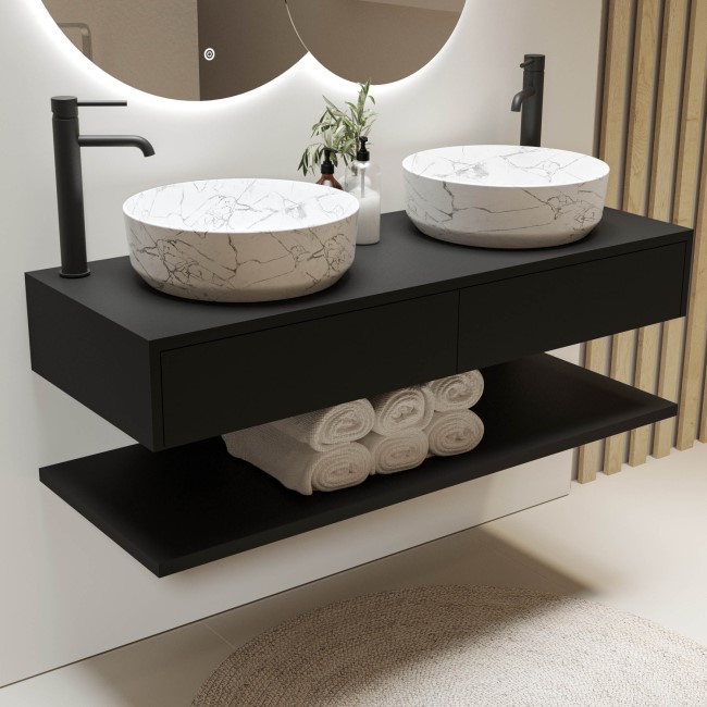 1200mm Black Wall Hung Double Countertop Vanity Unit with White Marble Effect Basins and Shelves