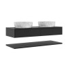 1200mm Black Wall Hung Double Countertop Vanity Unit with White Marble Effect Basins and Shelves - Lugo