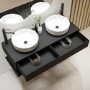 1200mm Black Wall Hung Countertop Double Vanity Unit with White Marble Effect Basins and Shelf - Lugo