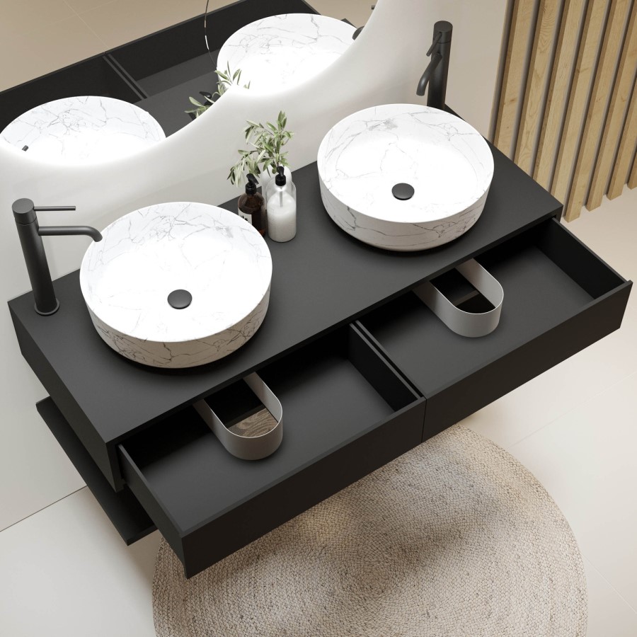 1200mm Black Wall Hung Countertop Double Vanity Unit with White Marble Effect Basins and Shelf - Lugo