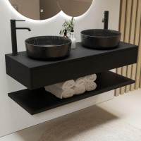 1200mm Black Wall Hung Countertop Double Vanity Unit with Black Marble Effect Basins and Shelf - Lugo 1200mm Black Wall Hung Countertop Double Vanity Unit with Black Marble Effect Basins and Shelf - Lugo