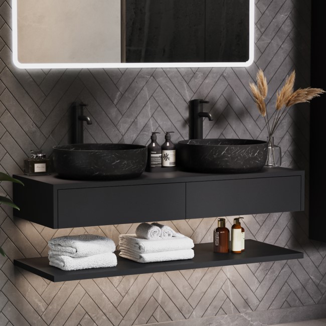 1200mm Black Wall Hung Double Countertop Vanity Unit with Black Marble Effect Basins and Shelves - Lugo
