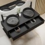1200mm Black Wall Hung Countertop Double Vanity Unit with Black Marble Effect Basins and Shelf - Lugo