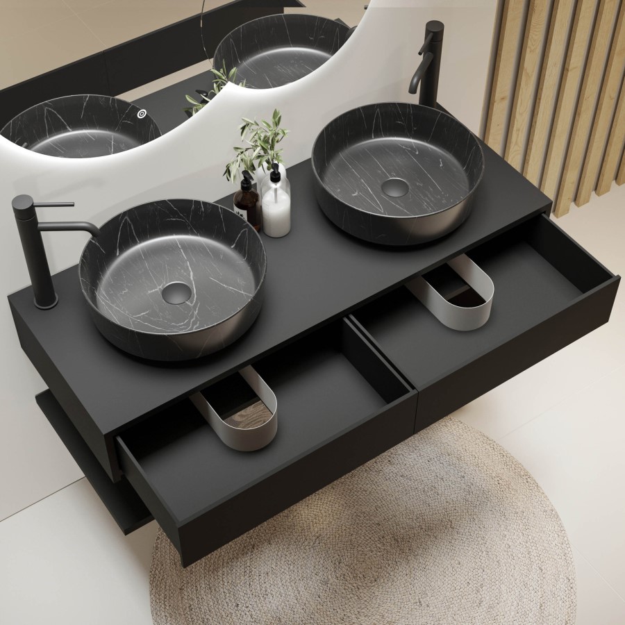 1200mm Black Wall Hung Countertop Double Vanity Unit with Black Marble Effect Basins and Shelf - Lugo