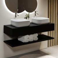 1200mm Black Wall Hung Countertop Double Vanity Unit with White Square Basins and Shelf - Lugo 1200mm Black Wall Hung Countertop Double Vanity Unit with White Square Basins and Shelf - Lugo