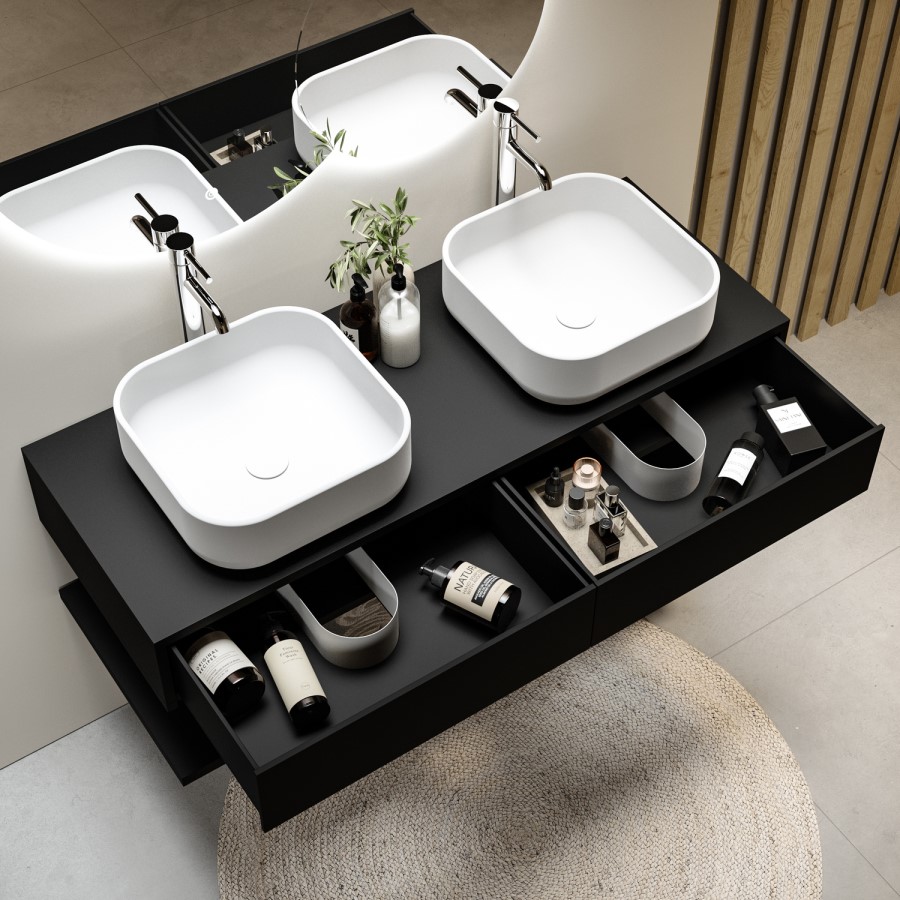 1200mm Black Wall Hung Countertop Double Vanity Unit with White Square Basins and Shelf - Lugo
