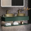 1200mm Green Wall Hung Double Countertop Vanity Unit with Brass Basins and Shelves - Lugo