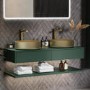 1200mm Green Wall Hung Countertop Double Vanity Unit with Brass Basins and Shelf - Lugo