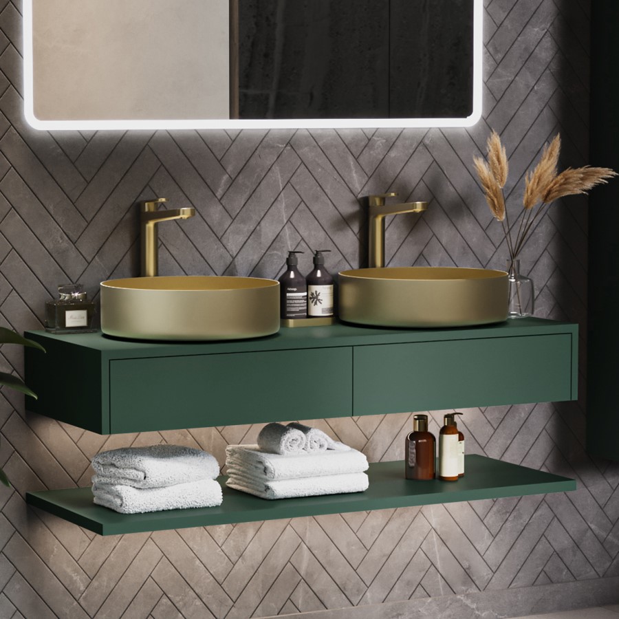 1200mm Green Wall Hung Countertop Double Vanity Unit with Brass Basins and Shelf - Lugo