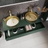 1200mm Green Wall Hung Double Countertop Vanity Unit with Brass Basins and Shelves - Lugo