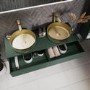 1200mm Green Wall Hung Countertop Double Vanity Unit with Brass Basins and Shelf - Lugo