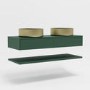 1200mm Green Wall Hung Countertop Double Vanity Unit with Brass Basins and Shelf - Lugo