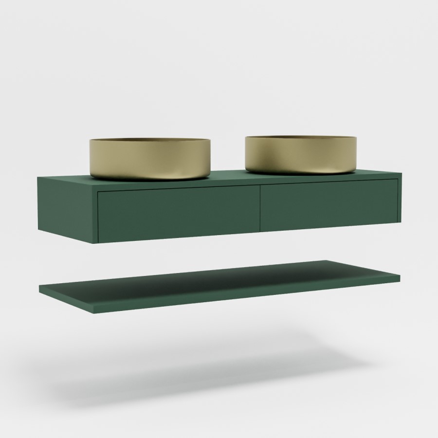 1200mm Green Wall Hung Countertop Double Vanity Unit with Brass Basins and Shelf - Lugo