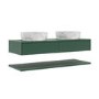 1200mm Green Wall Hung Double Countertop Vanity Unit with White Marble Effect Basins and Shelves - Lugo