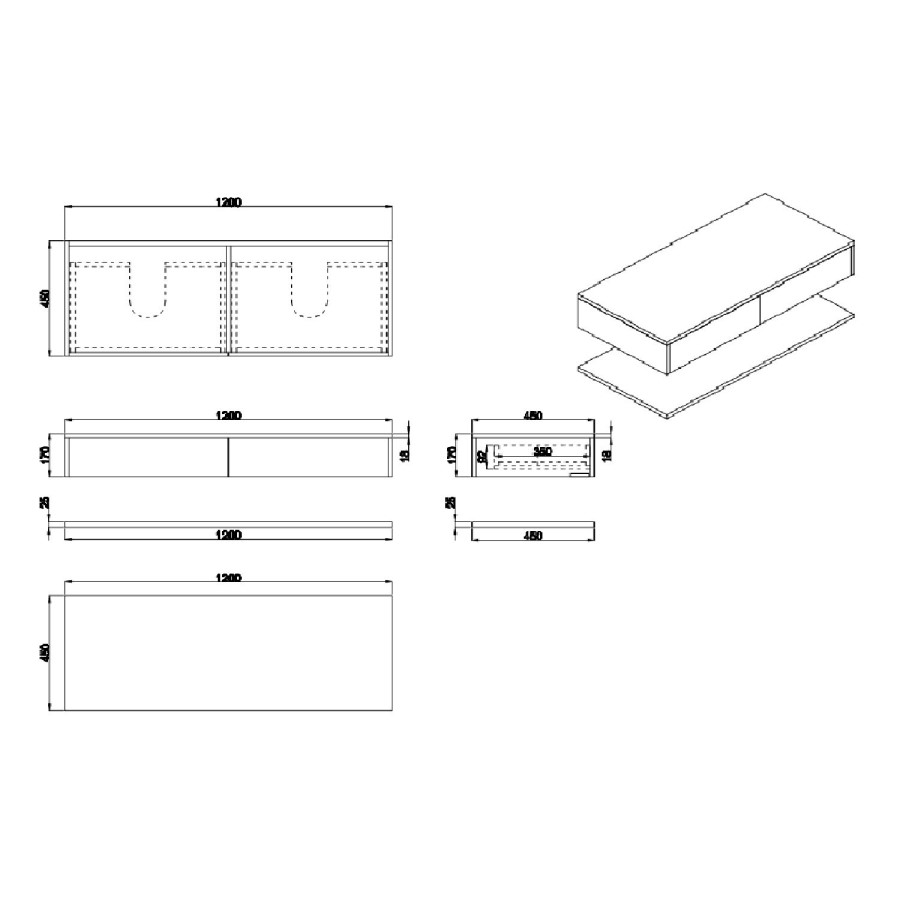 1200mm Green Wall Hung Countertop Double Vanity Unit with White Marble Effect Basins and Shelf - Lugo