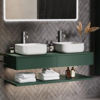 1200mm Green Wall Hung Double Countertop Vanity Unit with Square Basins and Shelves- Lugo 1200mm Green Wall Hung Double Countertop Vanity Unit with Square Basins and Shelves- Lugo