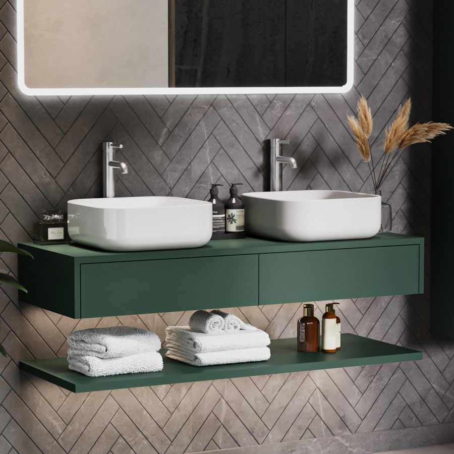 1200mm Green Wall Hung Double Countertop Vanity Unit with Square Basins and Shelves- Lugo