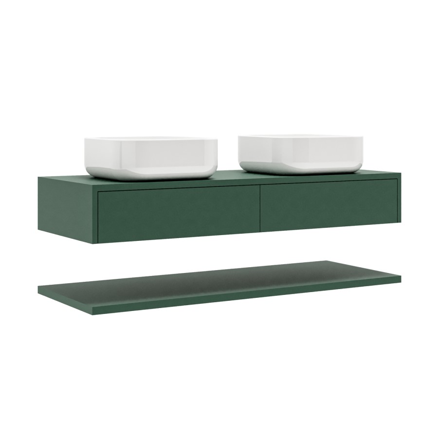1200mm Green Wall Hung Double Countertop Vanity Unit with Square Basins and Shelves- Lugo
