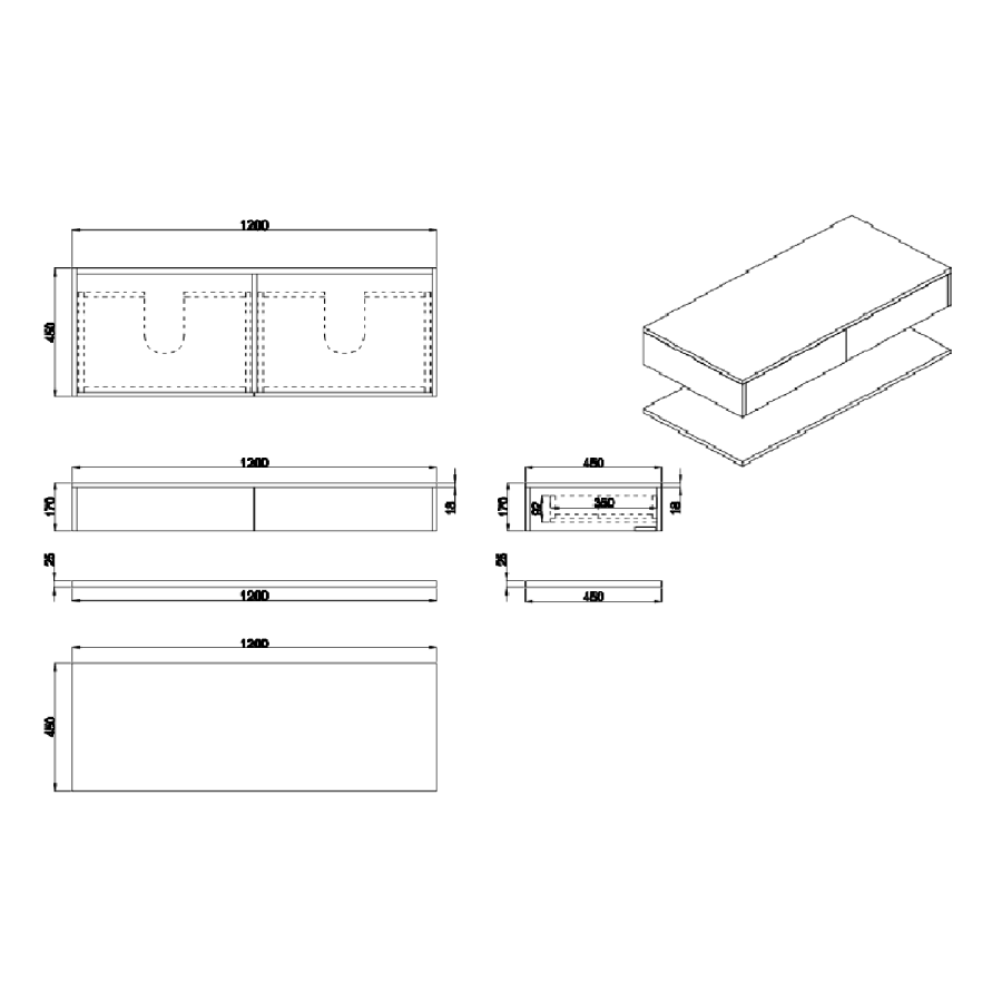1200mm Green Wall Hung Double Countertop Vanity Unit with Square Basins and Shelves- Lugo