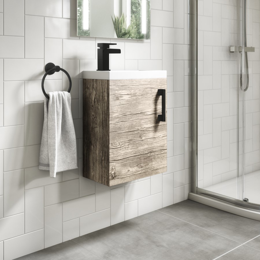 400mm Wood Effect Cloakroom Wall Hung Vanity Unit with Basin and Black Handle - Ashford