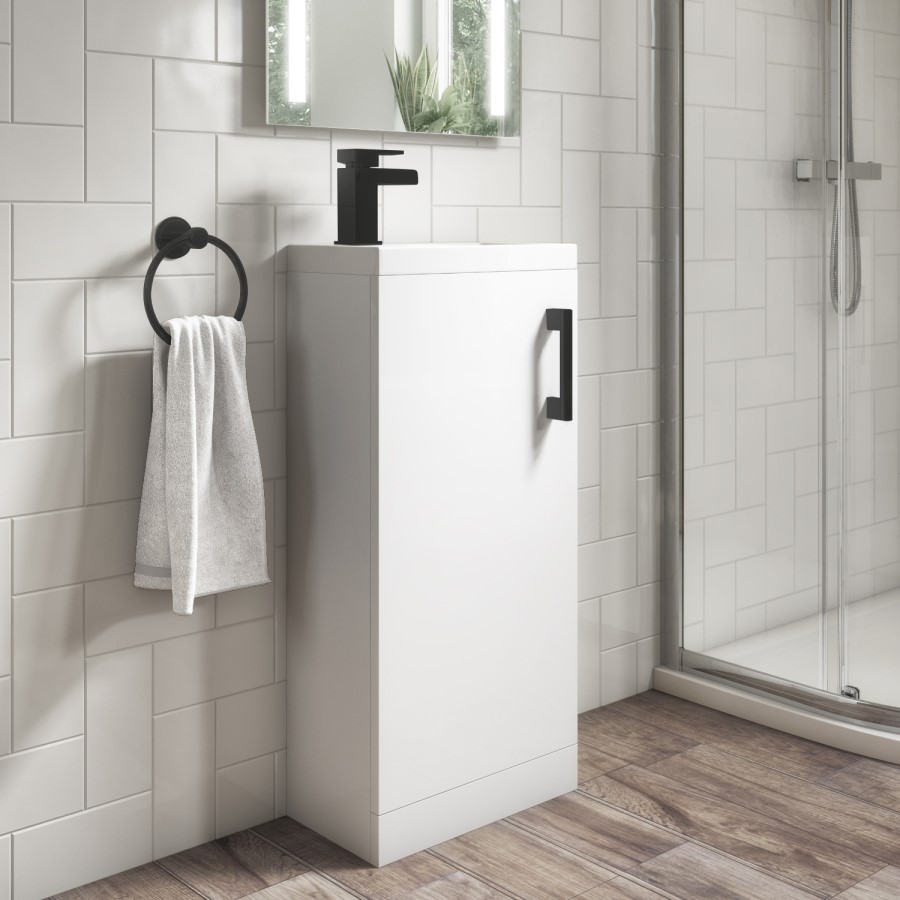 Grade A1 - 400mm White Cloakroom Floorstanding Vanity Unit with Basin and Black Handle - Ashford
