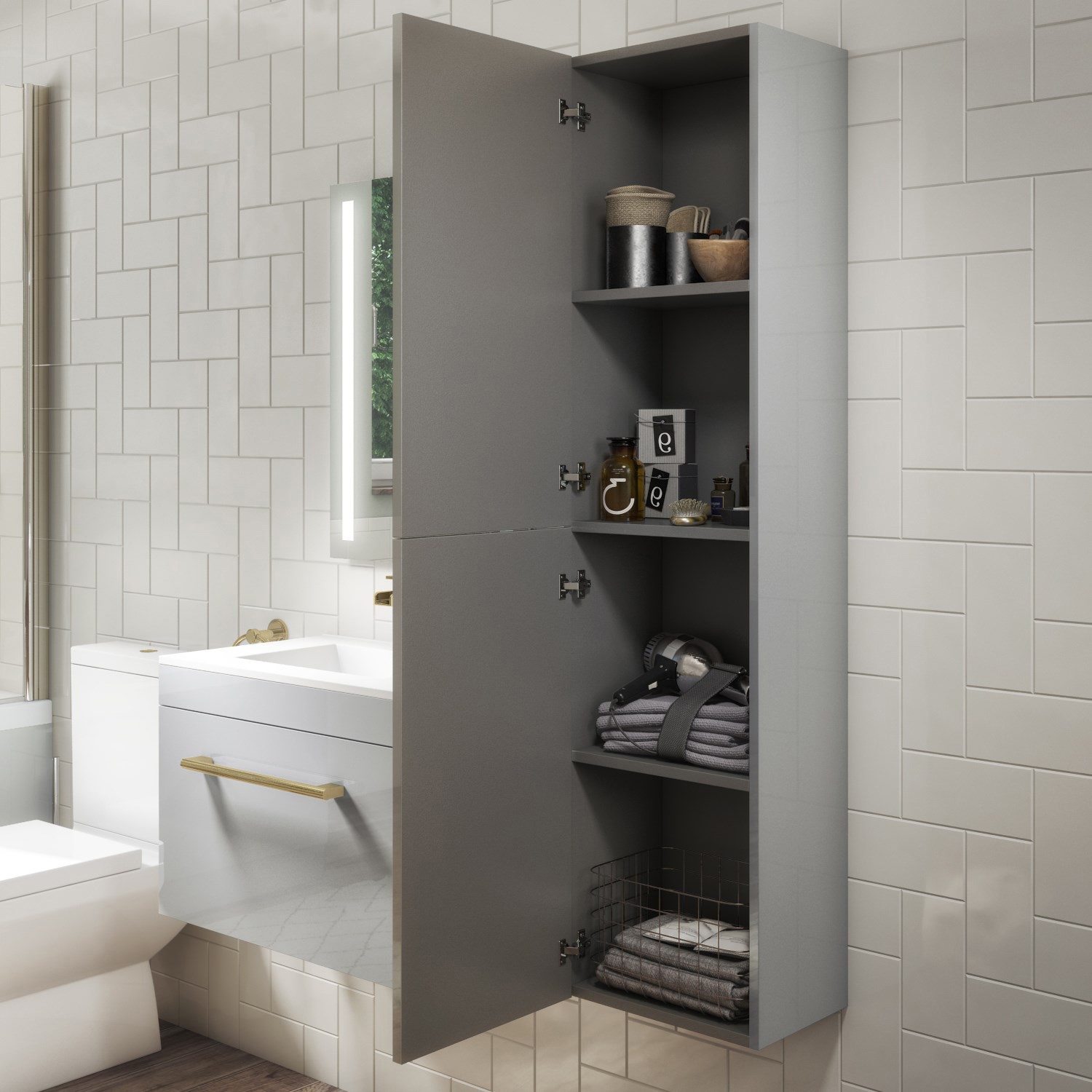 350mm Grey Wall Hung Tall Bathroom Cabinet with Brushed Brass Handles ...