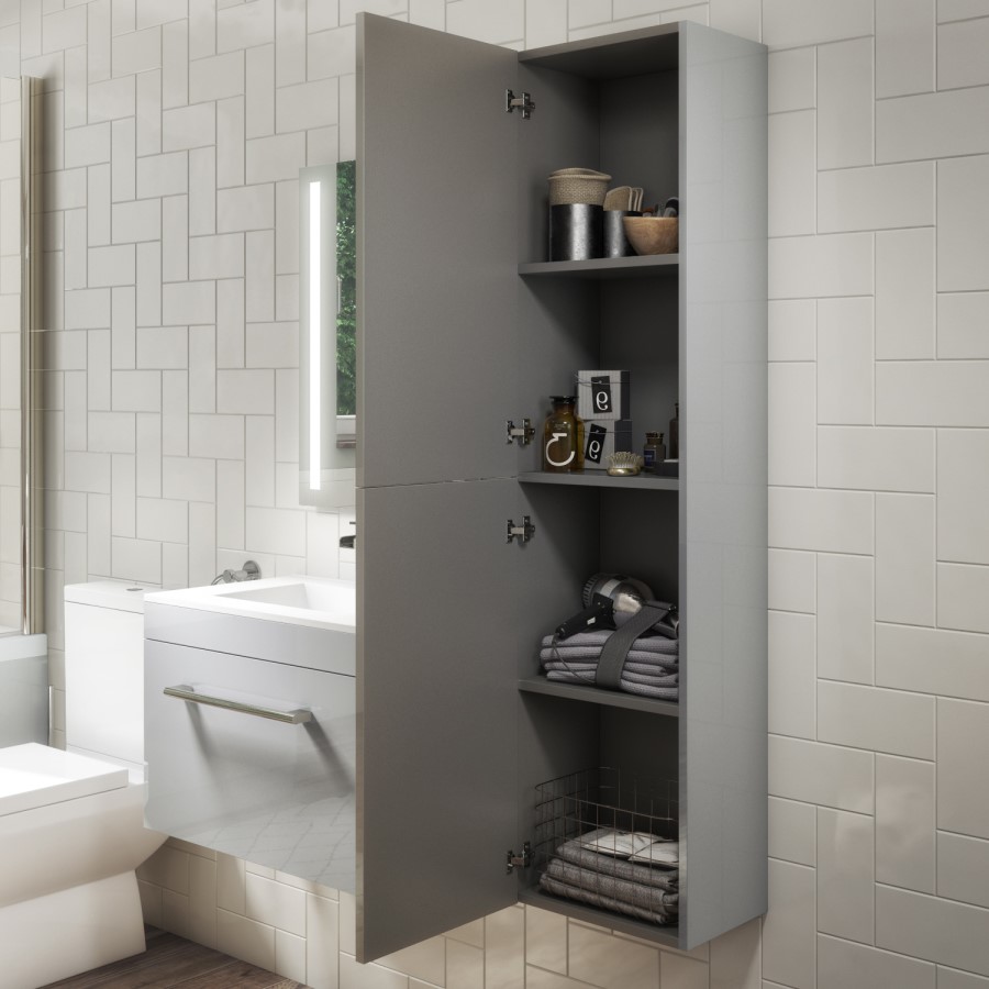 GRADE A1 - 1400mm Wall Hung Tall Boy Bathroom Cabinet - Grey - Ashford