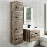 Grade A2 - 350mm Wood Effect Hung Tall Bathroom Cabinet with Black Handles - Ashford