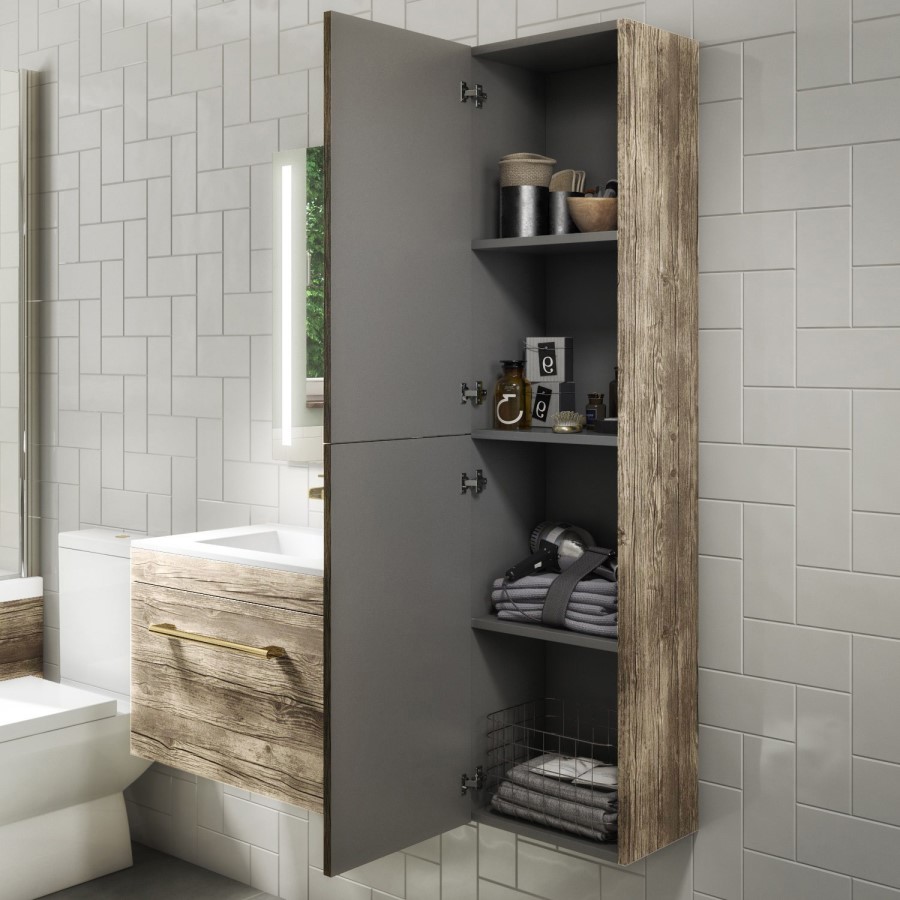 350mm Wood Effect  Wall Hung Tall Bathroom Cabinet with Brushed Brass Handles - Ashford
