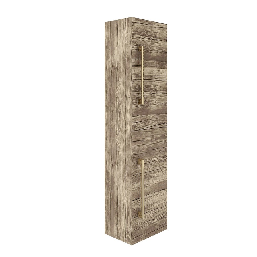 350mm Wood Effect  Wall Hung Tall Bathroom Cabinet with Brushed Brass Handles - Ashford