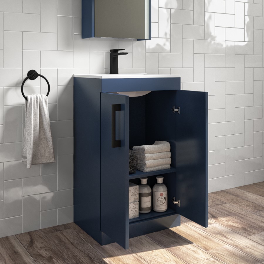 Grade A2 - 500mm Blue Freestanding Vanity Unit with Basin and Black Handle - Ashford