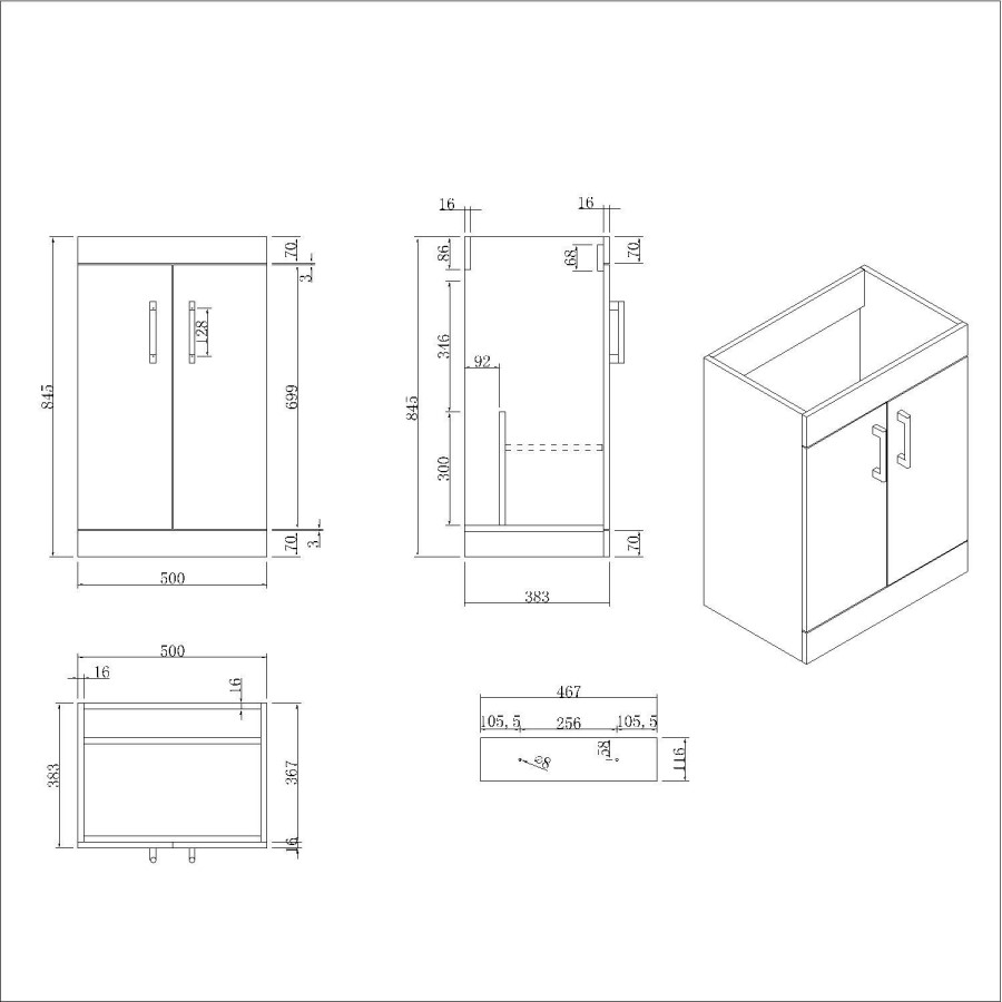 Grade A2 - 500mm Blue Freestanding Vanity Unit with Basin and Black Handle - Ashford