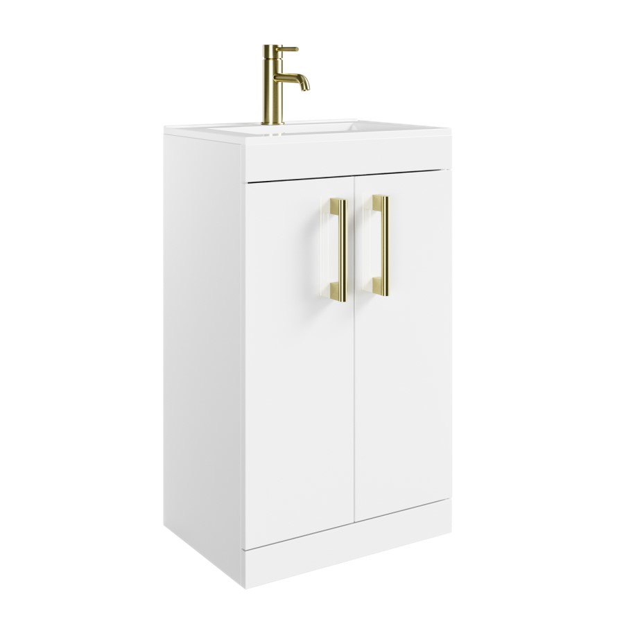 500mm White Freestanding Vanity Unit with Basin and Brass Handles - Ashford