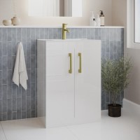 600mm White Freestanding Vanity Unit with Basin and Brass Handle - Ashford 600mm White Freestanding Vanity Unit with Basin and Brass Handle - Ashford