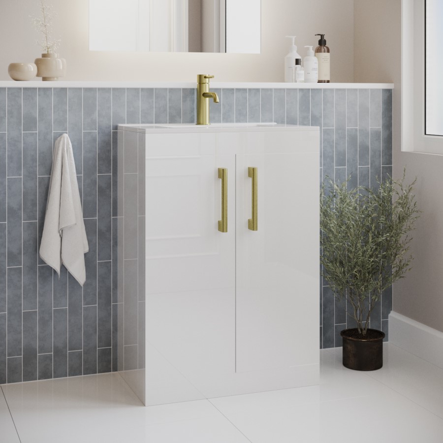 600mm White Freestanding Vanity Unit with Basin and Brass Handle - Ashford