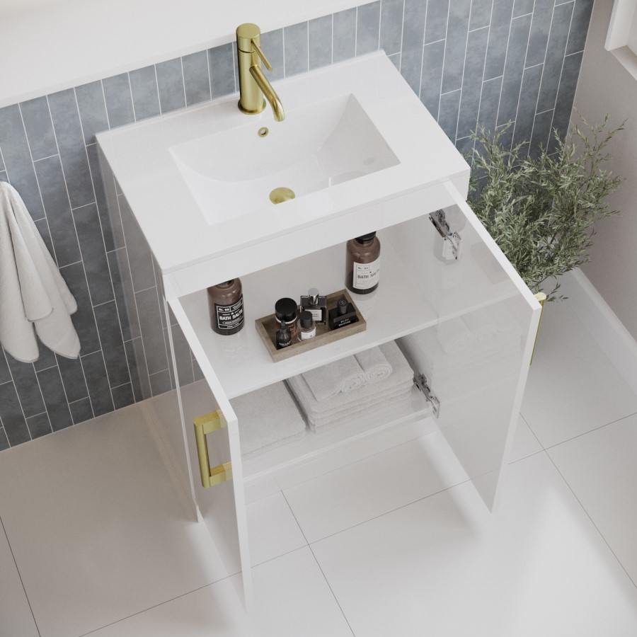 600mm White Freestanding Vanity Unit with Basin and Brass Handle - Ashford