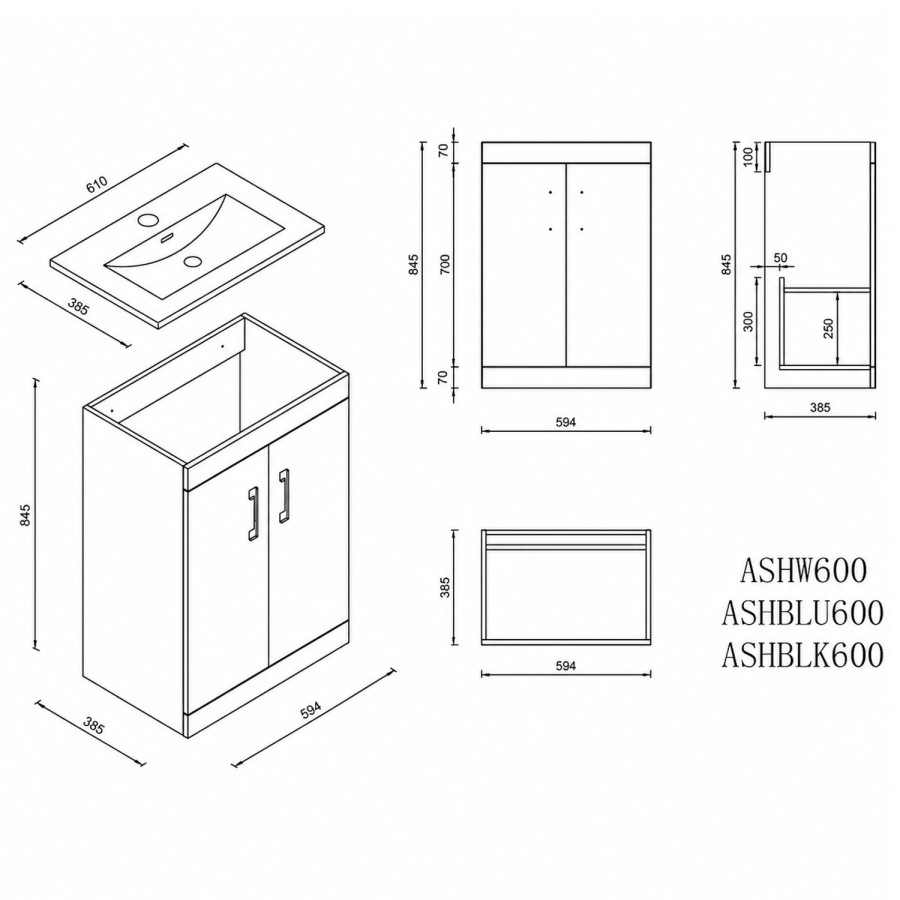 600mm White Freestanding Vanity Unit with Basin and Brass Handles - Ashford