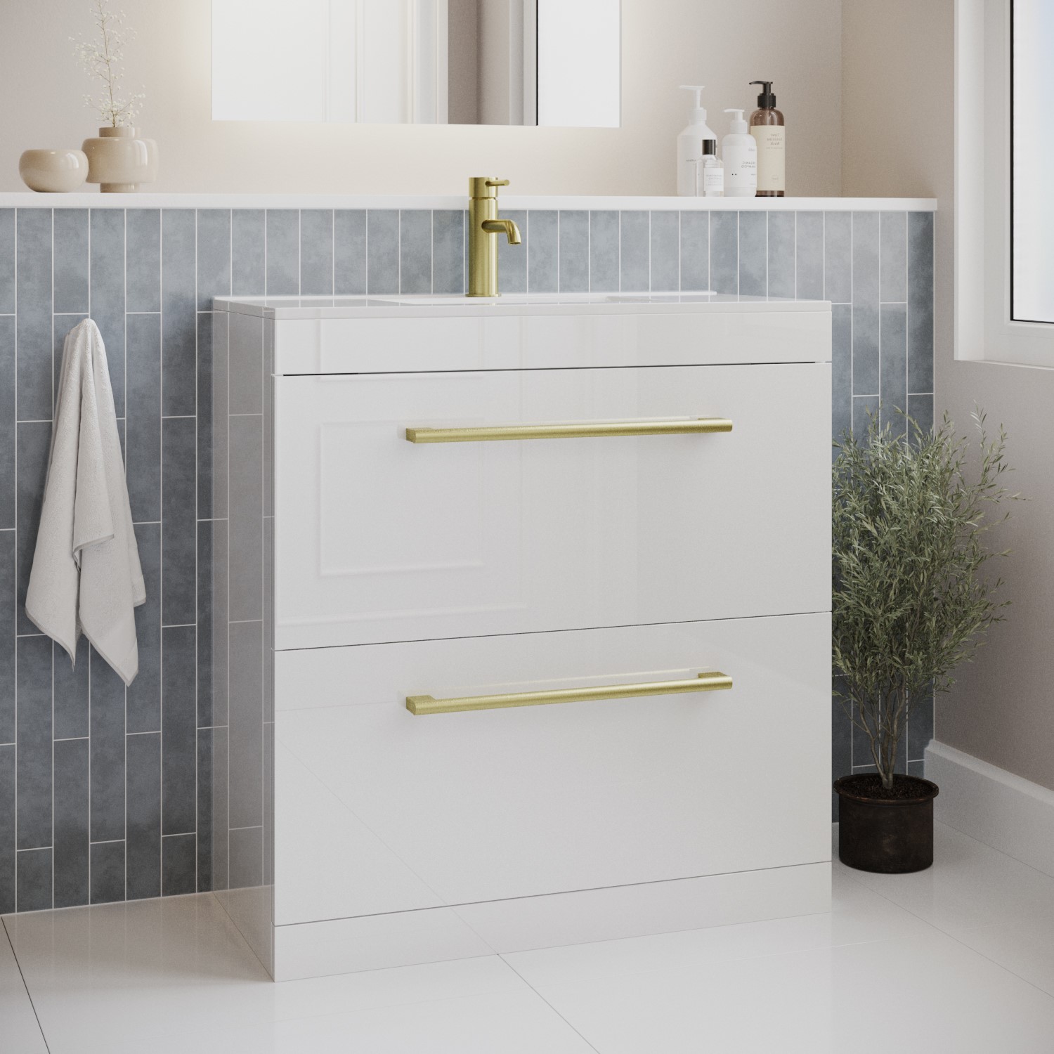 800mm White Freestanding Vanity Unit with Basin and Brass Handles ...