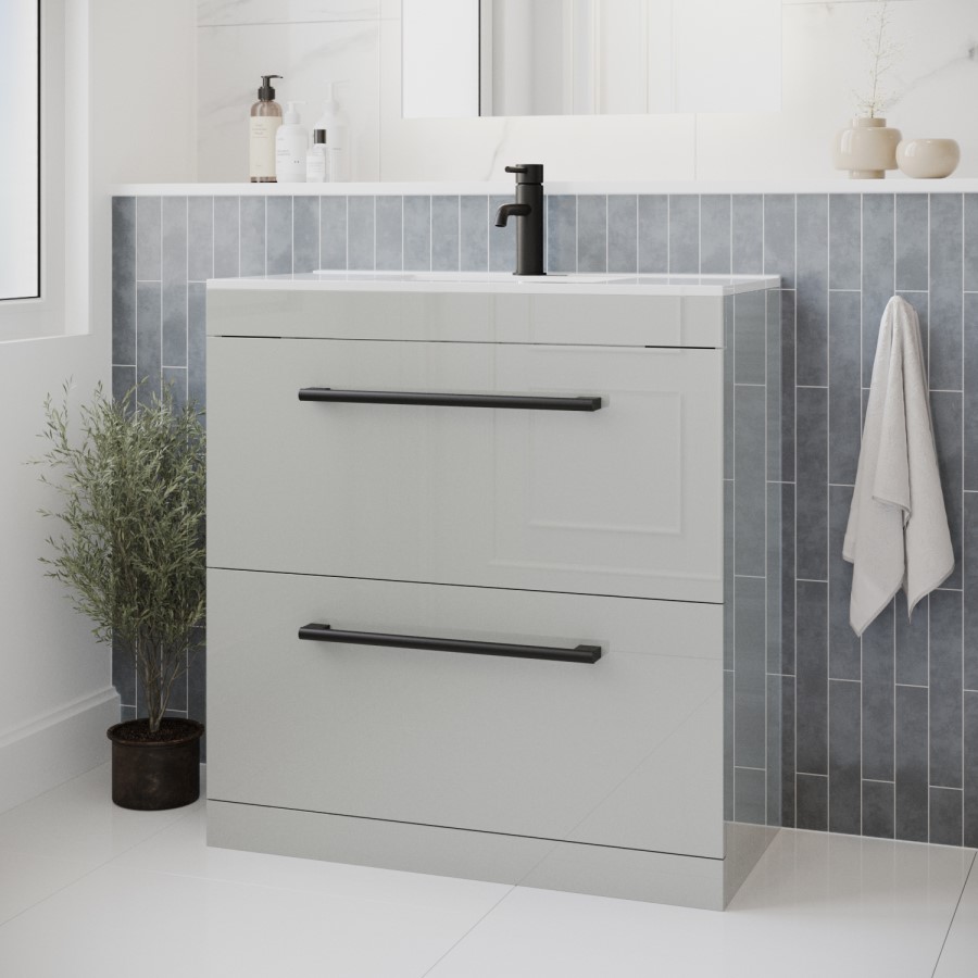 800mm Grey Freestanding Vanity Unit with Basin and Black Handles - Ashford