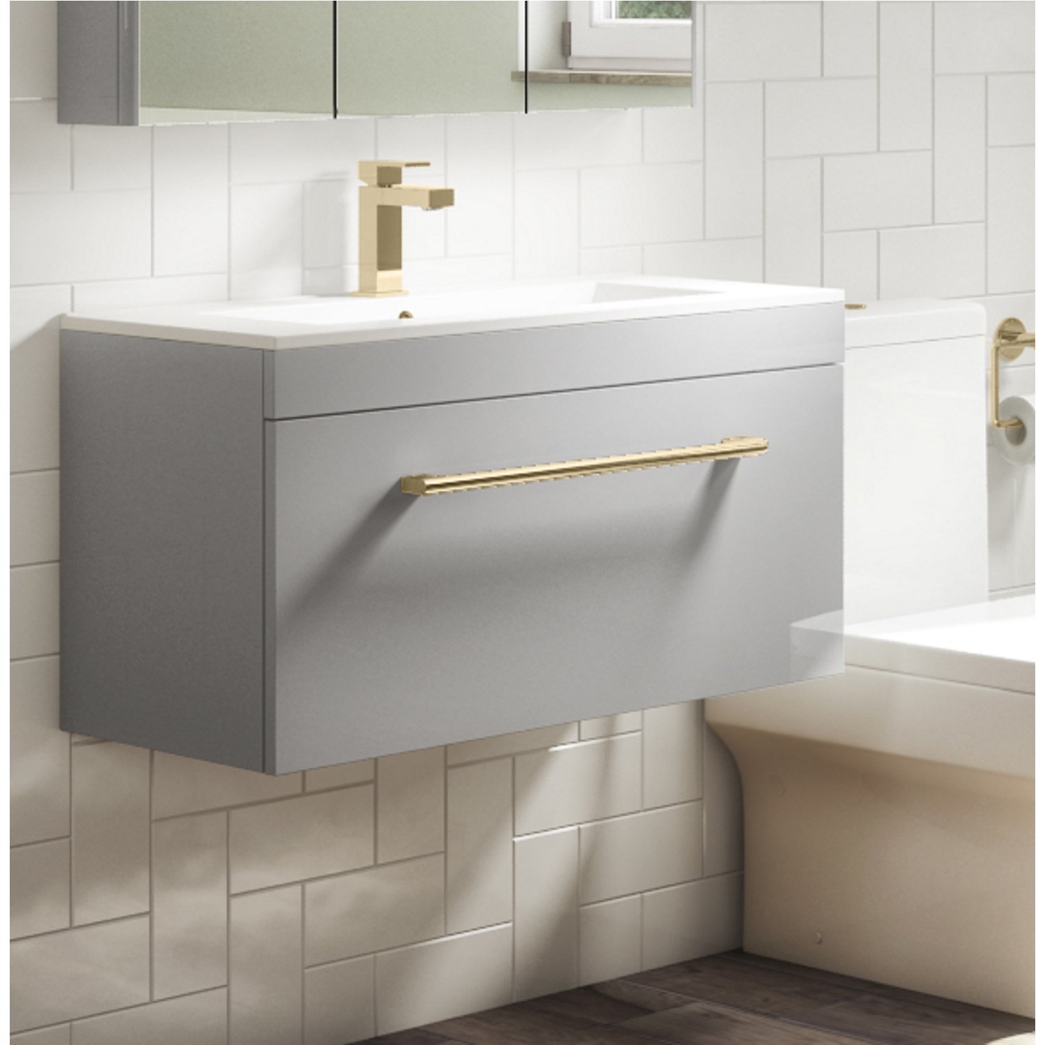 800mm Grey Wall Hung Vanity Unit with Basin and Brass Handles - Ashford ...