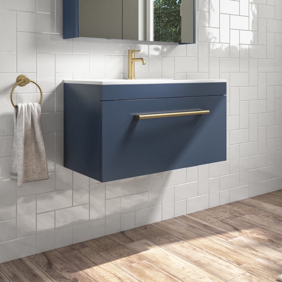 ONLY OPENED - 800mm Blue Wall Hung Vanity Unit with Basin and Brushed Brass Handle - Ashford