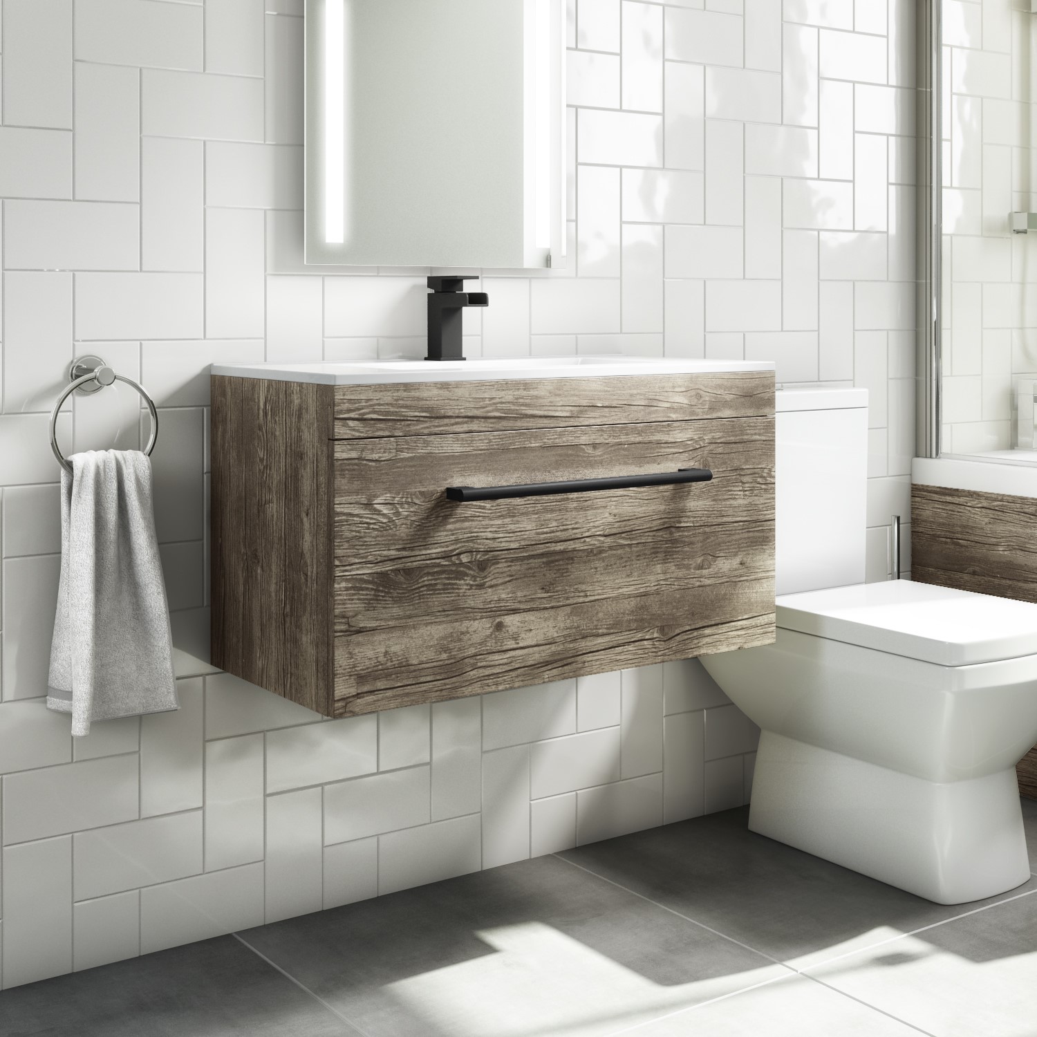 800mm Wood Effect Wall Hung Vanity Unit with Basin and Black Handles