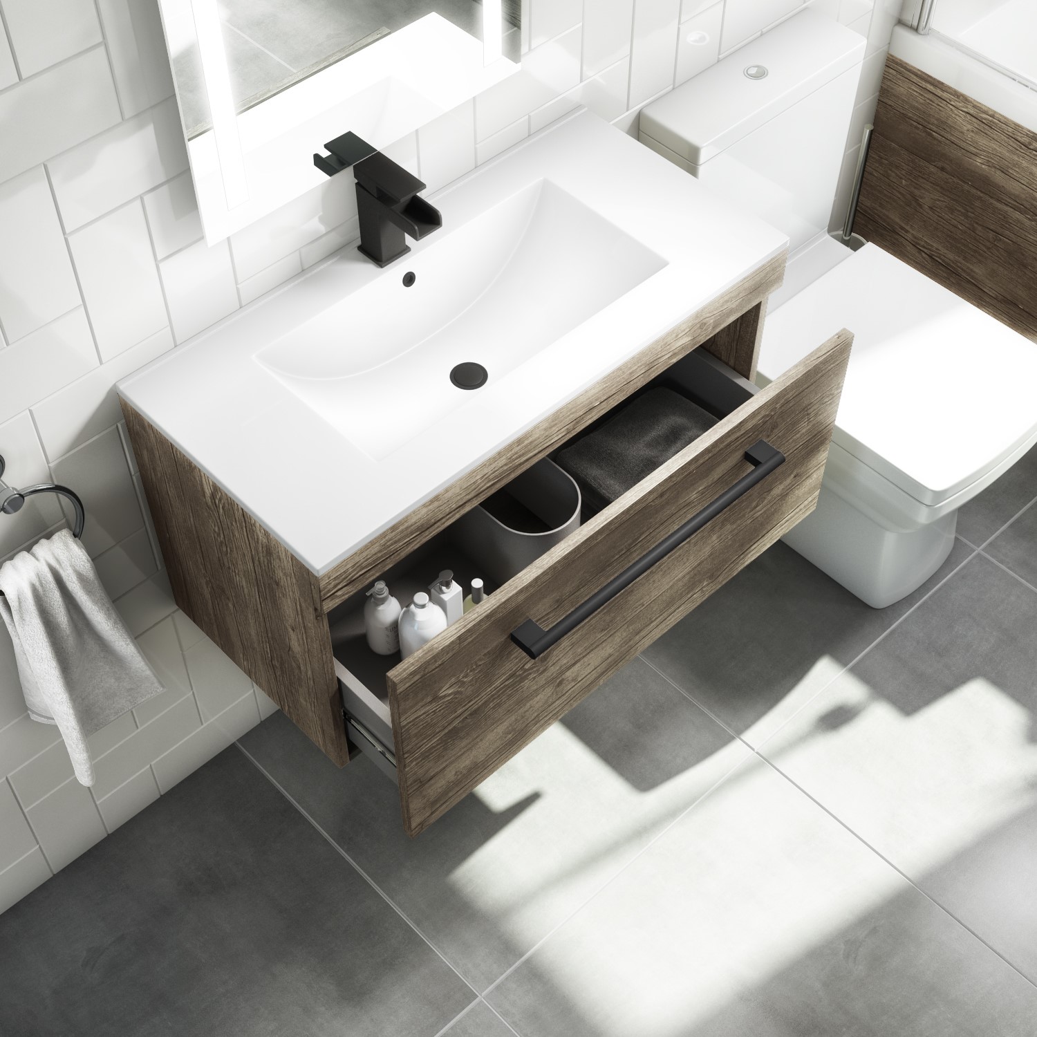 800mm Wood Effect Wall Hung Vanity Unit with Basin and Black Handles ...
