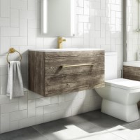 800mm Wood Effect Wall Hung Vanity Unit with Basin and Brushed Brass Handles - Ashford