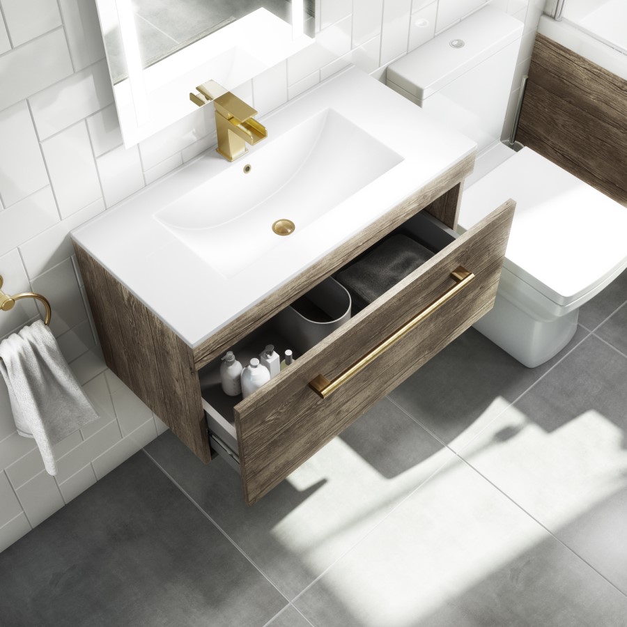 800mm Wood Effect Wall Hung Vanity Unit with Basin and Brushed Brass Handles - Ashford