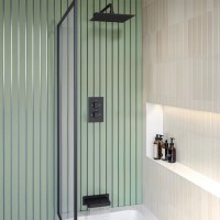 Matt Black 2 Outlet Thermostatic Mixer Shower Set With Wall Mounted 250mm Shower Head and Bath Filler Spout - Zana Matt Black 2 Outlet Thermostatic Mixer Shower Set With Wall Mounted 250mm Shower Head and Bath Filler Spout - Zana