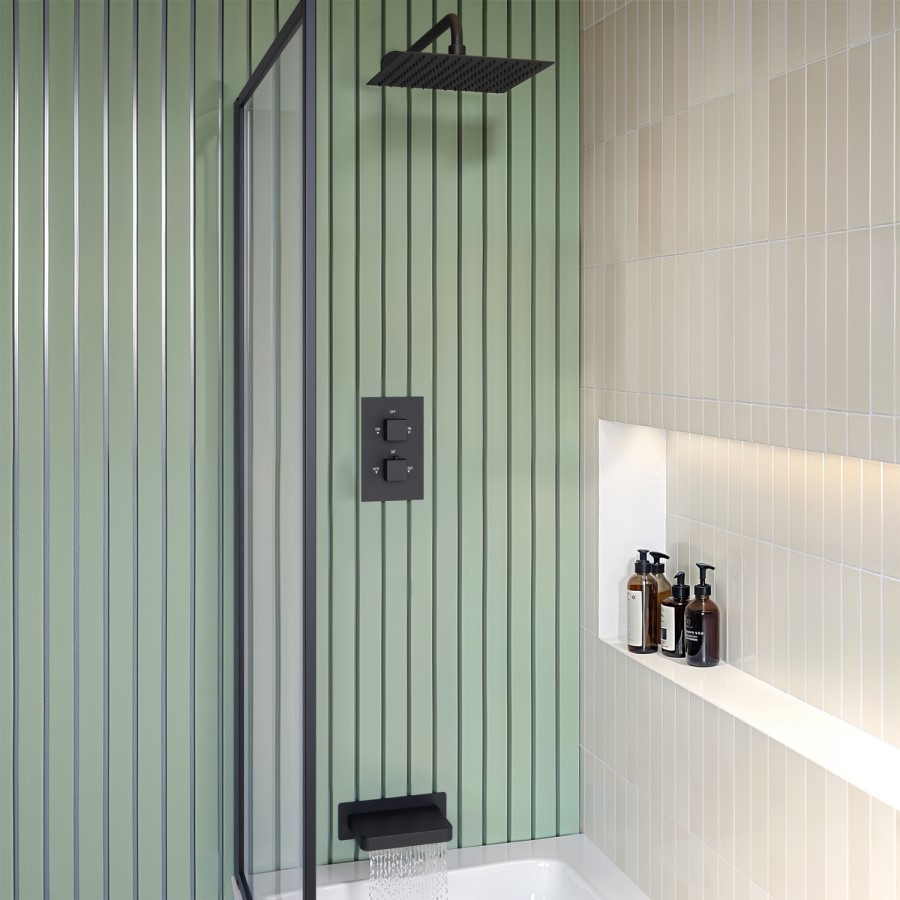 Matt Black 2 Outlet Thermostatic Mixer Shower Set With Wall Mounted 250mm Shower Head and Bath Filler Spout - Zana