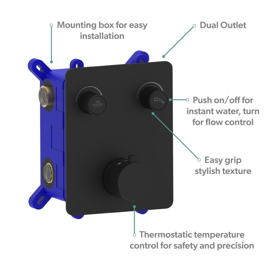 Black 2 Outlet  Wall Mounted Thermostatic Mixer Shower Set with Hand Shower - Vance