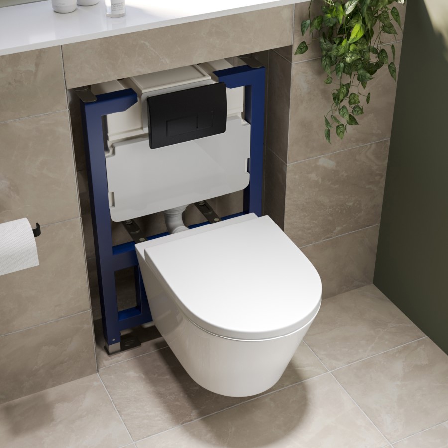 Wall Hung Rimless Toilet with Soft Close Seat, Matt Black Pneumatic Flush Plate, 820mm Frame & Cistern – Newport